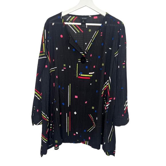 Ali Miles Geometric Popover Crinkle Blouse Top Black Multi Women's Plus Size 2X - Picture 1 of 6